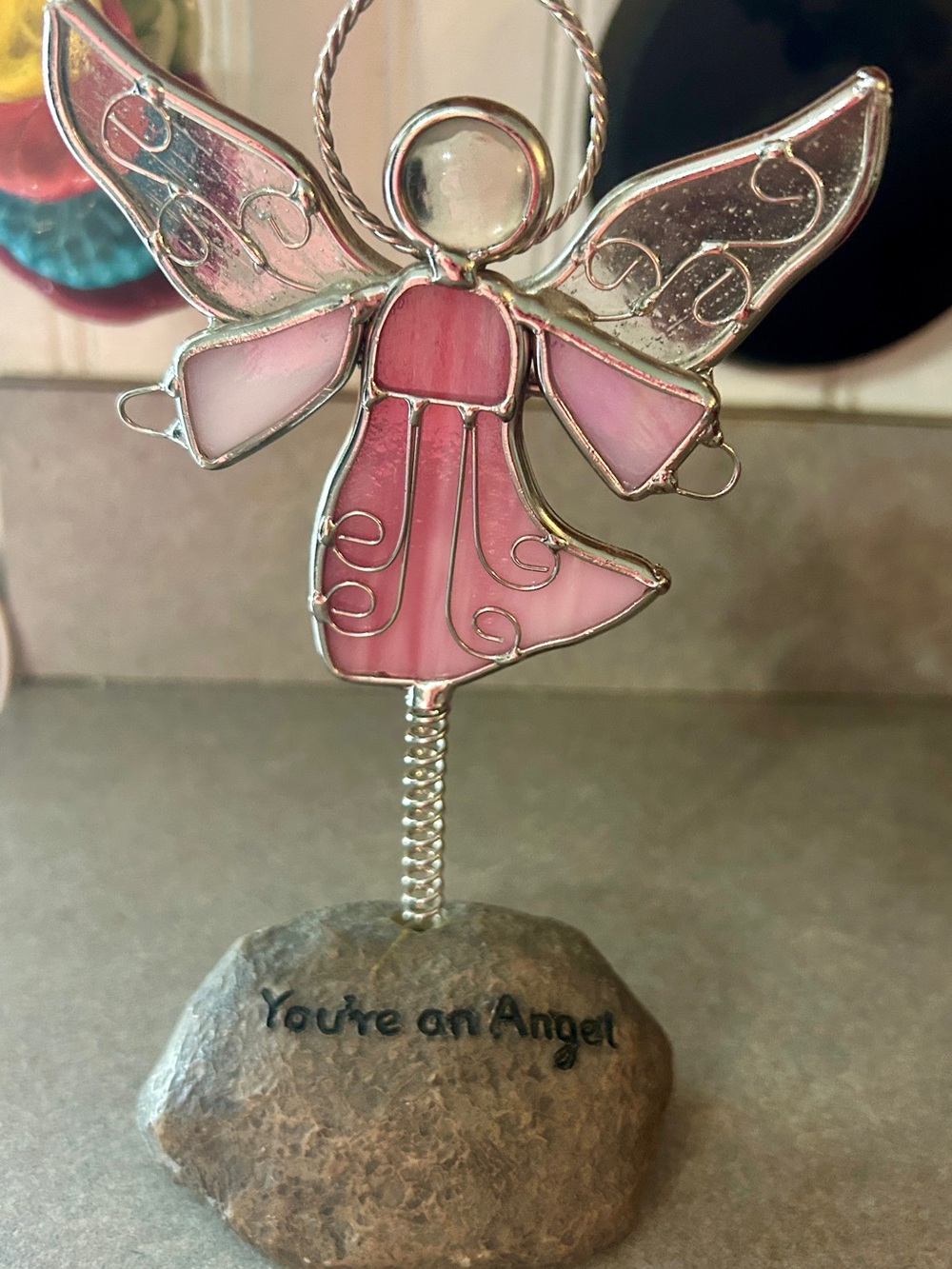Pink Stained Glass Angel Figurine with Silver Accents